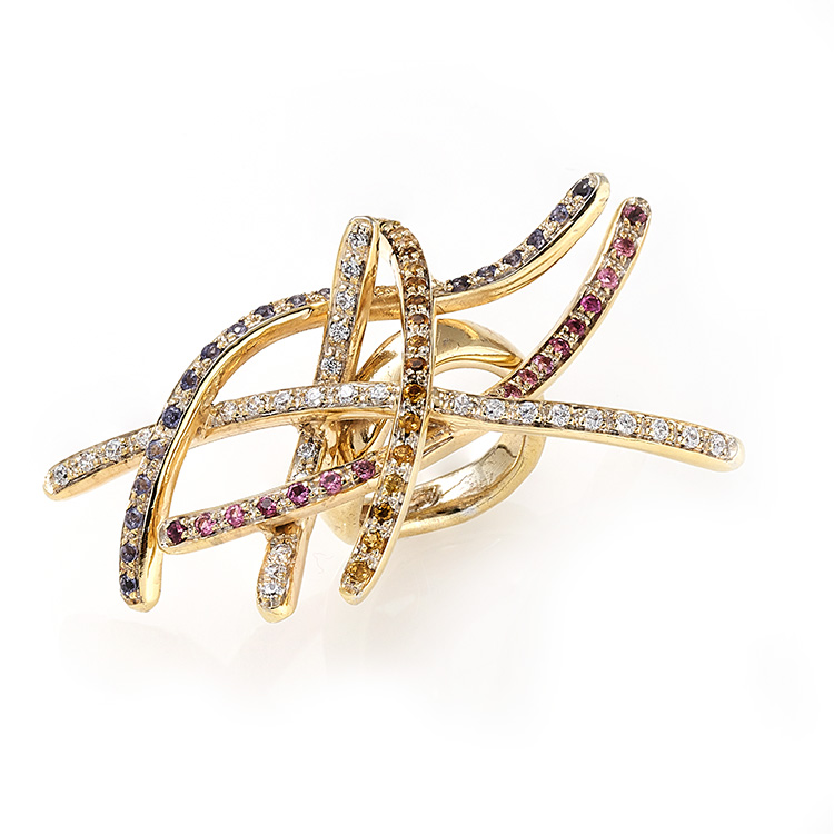 Ring pink gold 18kt brilliant cut diamonds 0,75ct and multicolored sapphires 1,70ct