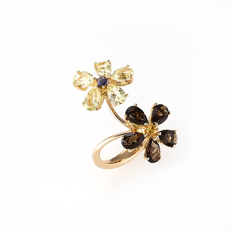 Ring pink gold 18kt citrine smoked quartz and sapphire