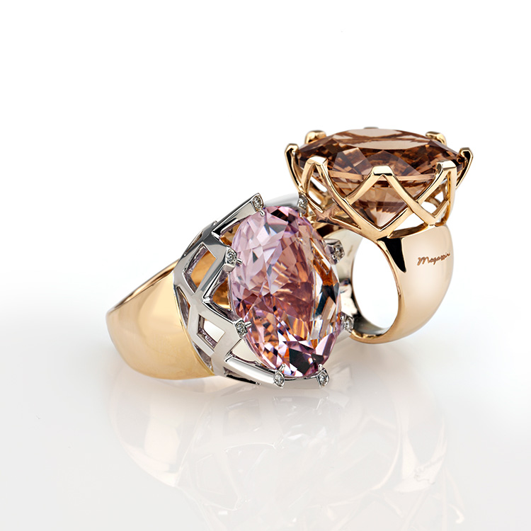 Ring white and pink gold 18kt brilliant cut amethyst. Ring pink gold 18kt brilliant cut smoked quartz