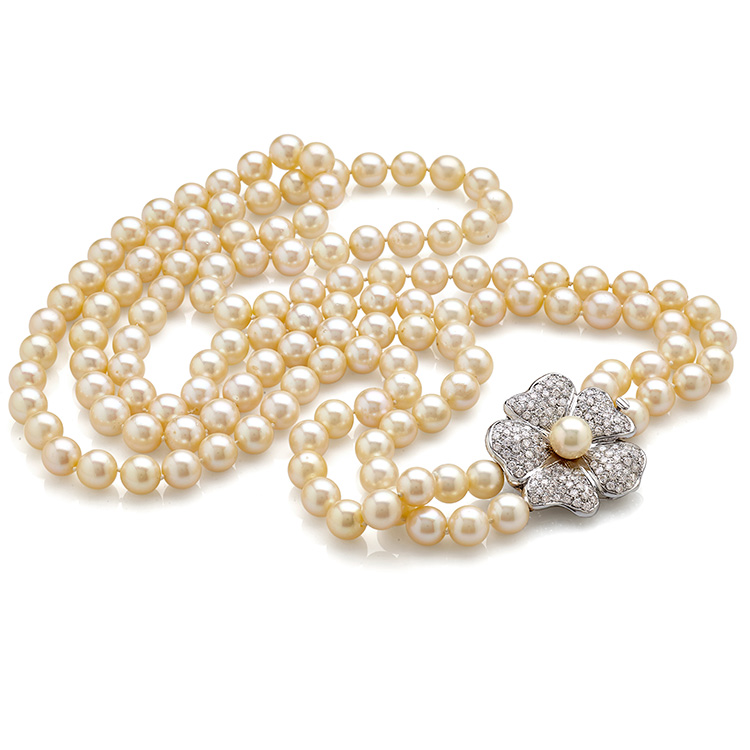 Sautoir Necklace white gold 18kt cut diamonds 6,50ct Japanese pearls 9/9,50mm